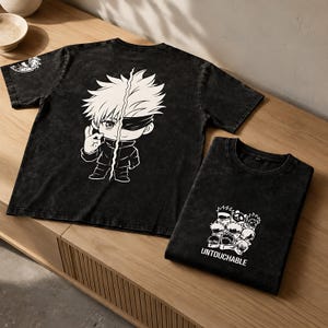 Camiseta extragrande inspirada en el anime UNTOUCHABLE Gojo / Camiseta gráfica estilo streetwear con lavado vintage / Estilo manga chibi