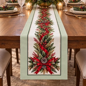 Christmas Table Runner, Red Green Pinecone Holiday Decor, Elegant Traditional Dining Decor