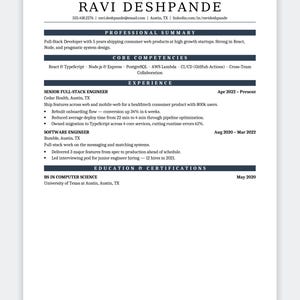 Puede incluir: Un currículum profesional de Ravi Deshpande, desarrollador full-stack. El documento incluye información de contacto, un resumen profesional, competencias clave en React y Node.js, experiencia laboral en Cedar Health y Bumble, y formación académica.