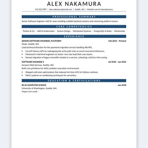 May include: A professional resume for Alex Nakamura, a Senior Software Engineer. It includes contact details, a professional summary, core competencies in Python, AWS, and Kubernetes, and work experience at Stripe and Amazon Web Services.