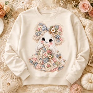 May include: A cream-colored crewneck sweatshirt featuring a central graphic of a ghost character. The ghost wears a large, multi-patterned bow and holds a patchwork quilt decorated with floral prints, lace trim, and small buttons in pastel colors.