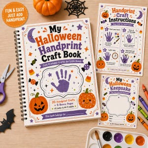 May include: A spiral-bound My Halloween Handprint Craft Book with orange pumpkins, purple stars, and a central purple handprint graphic. Includes a separate instruction sheet, a keepsake page, a paint palette, scissors, and a black bat cutout.