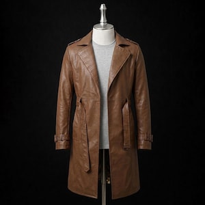 May include: A brown leather trench coat featuring a notched lapel, long sleeves with buckled cuffs, and a matching waist belt. The coat is displayed on a mannequin wearing a grey crew neck shirt underneath, showcasing a structured design.