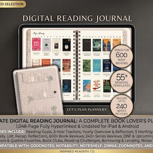 Könnte beinhalten: Ein digitales Lesetagebuch auf einem Tablet-Bildschirm mit einer Bibliotheksseite mit Buchcovern und einem spiralgebundenen Einband. Der Text umfasst "Digital Reading Journal", "Space for 600 Book Reviews", "55+ Reading Templates" und "Record up to 240 Series Reviews".