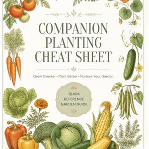 Könnte beinhalten: Ein rechteckiger Gartenratgeber mit dem Titel COMPANION PLANTING CHEAT SHEET und dem Untertitel Grow Smarter, Plant Better, Nurture Your Garden. Der Rand zeigt botanische Illustrationen von Tomaten, Karotten, Salat, Paprika, Brokkoli, Mais und Bohnen.