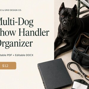 以下が含まれることがあります： 黒い犬が、グルーミングツール、黒いバインダー、黒いリードが入った黒いオーガナイザーバッグの横に横たわっています。テキストには「GRACE & GRID DESIGN CO. Multi-Dog Show Handler Organizer Printable PDF + Editable DOCX」と書かれています。