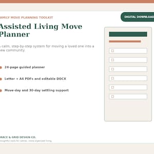 Op de afbeelding: Een digitale download getiteld Family Move Planning Toolkit en Assisted Living Move Planner. Het bevat een 24-pagina tellende planner, Letter en A4 PDF's, bewerkbare DOCX-bestanden en ondersteuning voor de verhuisdag en de eerste 30 dagen.