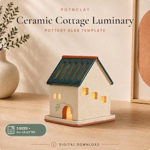 May include: A ceramic cottage luminary pottery slab template featuring a cream-coloured house with a dark green roof, cut-out windows, and a small arched doorway. The text reads POTNCLAY Ceramic Cottage Luminary POTTERY SLAB TEMPLATE 3 SIZES A4 + US LETTER.