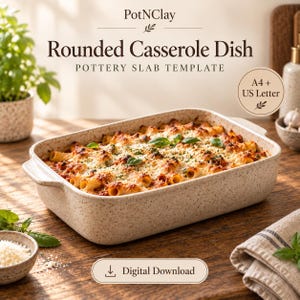 May include: A digital download pottery slab template for a rounded casserole dish by PotNClay. The image shows a beige speckled rectangular ceramic dish filled with baked pasta, featuring handles on the sides and A4 plus US Letter sizing.