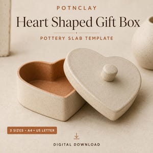 May include: A heart-shaped ceramic gift box with a speckled beige finish and a matching lid featuring a small cylindrical knob. The text reads POTNCLAY Heart Shaped Gift Box POTTERY SLAB TEMPLATE 3 SIZES A4 + US LETTER DIGITAL DOWNLOAD.