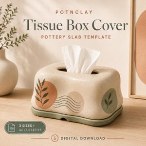 Può includere: Un modello digitale scaricabile per una copertura per scatola di fazzoletti in ceramica intitolato POTNCLAY Tissue Box Cover. Il modello include 3 dimensioni per carta A4 e US letter. La copertura è beige con texture maculata e motivi a foglie.