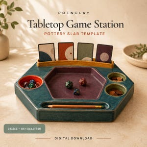 May include: A hexagonal ceramic tabletop game station with a deep purple central tray, a card slot, two small circular bowls, and a pencil groove. The station features text reading POTNCLAY Tabletop Game Station POTTERY SLAB TEMPLATE.
