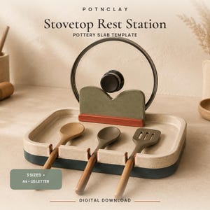 May include: A rectangular ceramic stovetop rest station with a speckled beige surface and dark base. It features a central olive green and terracotta support for a pot lid, and three slots for utensils. Text reads: POTNCLAY Stovetop Rest Station.
