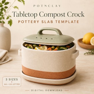 May include: A digital download pottery slab template for a tabletop compost crock by POTNCLAY. The design features a rectangular ceramic container with a two-tone beige and terracotta finish, a sage green lid with air holes, and a matching base.