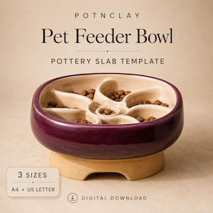 May include: A purple and beige ceramic pet feeder bowl with a spiral-shaped interior divider containing brown kibble. The text reads POTNCLAY Pet Feeder Bowl POTTERY SLAB TEMPLATE, 3 SIZES A4 + US LETTER, and DIGITAL DOWNLOAD.
