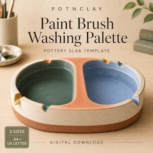 May include: An oval ceramic paint brush washing palette with two distinct basins, one glazed in sage green and the other in periwinkle blue, separated by a terracotta-coloured divider. The exterior is speckled beige with a terracotta base. Text reads POTNCLAY Paint Brush Washing Palette POTTERY SLAB TEMPLATE 3 SIZES A4 + US LETTER DIGITAL DOWNLOAD.