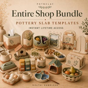 Può includere: Una collezione digitale di modelli per lastre di ceramica intitolata Entire Shop Bundle, che presenta vari oggetti in ceramica come una scatola per fazzoletti, una ciotola per lana, una cornice, un portachiavi, un burriera, barattoli e contenitori.