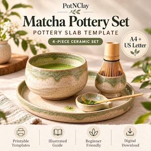 Può includere: Un set da matcha in ceramica da 4 pezzi con smalto screziato color crema e verde. Include una ciotola, un supporto per frusta, un piattino e un cucchiaio di bambù. Testo: PotNClay, Matcha Pottery Set, 4-Piece Ceramic Set, A4 + US Letter.