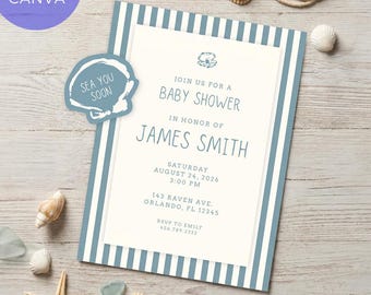 Sea You Soon -  Baby Shower Invitation, Editable Canva Template, Ocean Baby Shower Invite, Printable & Digital Invite