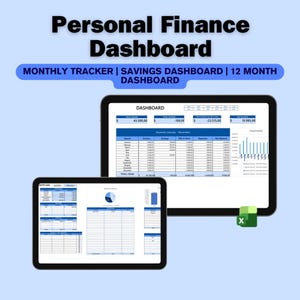 Könnte beinhalten: Ein digitales Dashboard für persönliche Finanzen, das auf zwei Tablet-Bildschirmen vor einem hellblauen Hintergrund angezeigt wird. Die Benutzeroberfläche enthält einen monatlichen Tracker, ein Spar-Dashboard und eine 12-Monats-Übersicht mit Tabellen.