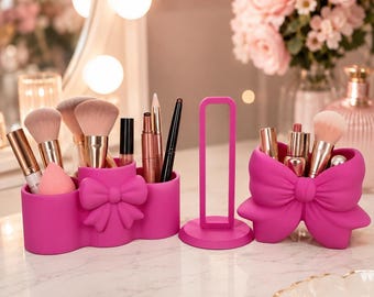 Set organizer per trucchi con fiocco rosa in 3 pezzi – Organizer da toeletta e contenitore per cosmetici stampato in 3D