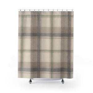 Neutral Plaid Pattern Shower Curtain | Beige Gray Buffalo Check Bathroom Decor