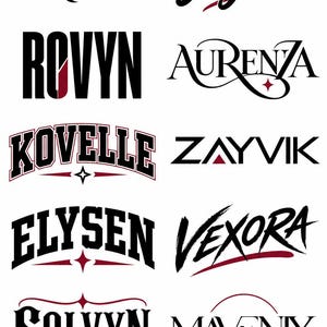Könnte beinhalten: Eine Sammlung von zehn verschiedenen Markennamen in schwarzer und dunkelroter Typografie. Die Namen umfassen Vaylor, Nyxen, Rovyn, Aurenza, Kovelle, Zayvik, Elysen, Vexora, Solvyn und Mavenix, dargestellt in verschiedenen Serif-, Sans-Serif- und Skriptschriften.