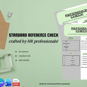 May include: A digital reference check template document featuring sections for candidate information, performance evaluation, and core competencies. The document includes the text REFERENCE CHECK, STANDARD REFERENCE CHECK, and sections for recruitment data.