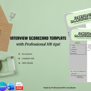 May include: An interview scorecard template document featuring the text INTERVIEW SCORING CARD, sections for candidate information, core competencies, and behavioural analysis, with additional text stating INTERVIEW SCORECARD TEMPLATE with Professional HR tips.