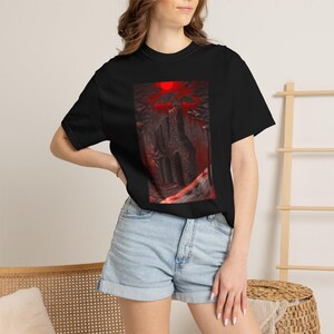 T-shirt Jersey Devil style gothique | Paysage de démon rouge | Illustration de créature cryptide dark fantasy | Création humaine