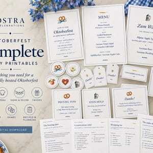 Op de afbeelding: Een verzameling Oktoberfest-feestprintables, waaronder uitnodigingen, menu's, drankbordjes, bedankkaartjes en planningsbladen. Het briefpapier heeft blauw-witte randen met illustraties van pretzels, bierpullen en bloemen.