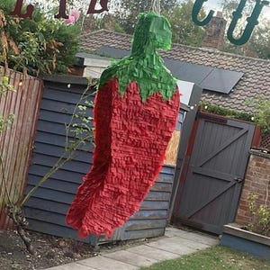 May include: A chilli pepper shaped piñata covered in layers of red and green fringed paper. The piñata is suspended by a rope from a structure above, featuring a bright red body and a green stem top, designed with a textured paper fringe finish.
