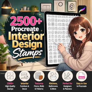 May include: A digital collection of 2500+ Procreate interior design stamps featuring furniture, decor, textures, and architectural elements. The graphic displays a tablet screen with line art icons and text, including the Procreate app logo.