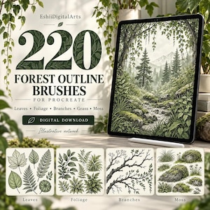 Puede incluir: Un listado de producto digital para 220 pinceles de contorno de bosque para Procreate de EshiiDigitalArts. La imagen muestra una tableta con una ilustración detallada de un paisaje forestal, con cuatro paneles cuadrados debajo que muestran hojas, follaje, ramas y musgo.
