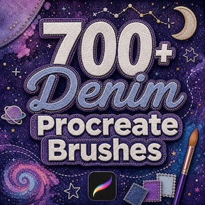 May include: A digital graphic featuring the text 700+ Denim Procreate Brushes in a white and blue denim-textured font. The background is a deep purple space theme with stars, a crescent moon, a planet, and a galaxy. A paintbrush is on the right.