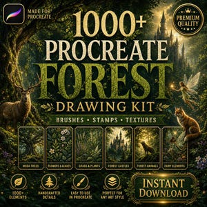 Könnte beinhalten: Ein digitales Zeichenset für Procreate mit über 1000 Elementen zum Thema Wald, einschließlich Pinseln, Stempeln und Texturen. Die Grafik zeigt einen Hirsch, einen Fuchs, Feen und ein Schloss in einer Waldumgebung mit Textbeschriftungen.