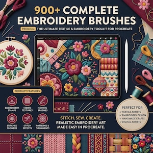 Pode incluir: Um tablet digital exibindo padrões de bordado, cercado por bastidores, meadas de linha coloridas e agulhas. O texto diz 900+ COMPLETE EMBROIDERY BRUSHES, THE ULTIMATE TEXTILE & EMBROIDERY TOOLKIT FOR PROCREATE e STITCH. SEW. CREATE.