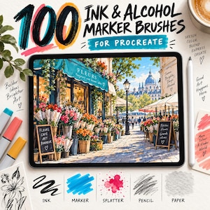 May include: A digital tablet displaying a colorful illustration of a Parisian flower shop with a blue awning, surrounded by text reading 100 Ink & Alcohol Marker Brushes for Procreate, accompanied by markers, a stylus, and brush stroke samples.