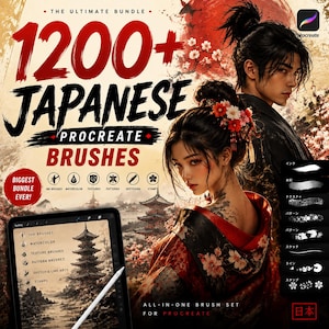 May include: A digital product bundle featuring 1200+ Japanese Procreate brushes. The graphic displays a person in a kimono, a tablet showing a pagoda illustration, and a list of brush categories including ink, watercolor, texture, pattern, sketching, and stamps.
