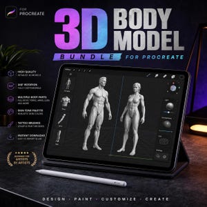 May include: A digital tablet displaying a 3D body model bundle for Procreate, featuring male and female figures on a dark interface. The screen shows menus for body parts, lighting, and environment settings, with a white stylus resting in front.
