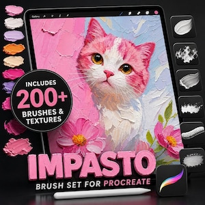 Könnte beinhalten: Ein digitales Tablet mit einem Gemälde einer rosa-weißen Katze, umgeben von rosa Blumen. Der Bildschirm zeigt den Text "INCLUDES 200+ BRUSHES & TEXTURES" und "IMPASTO BRUSH SET FOR PROCREATE" sowie einen Eingabestift und Pinselproben.