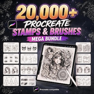 Könnte beinhalten: Ein digitales Mega-Bundle mit über 20.000 Procreate-Stempeln und Pinseln, das ein Tablet mit einer detaillierten schwarz-weißen Charakterillustration zeigt. Enthält Kategorien wie Blumen-, Totenkopf-, Augen-, Hand-, Haar- und Anime-Stempel.