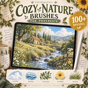May include: A digital tablet displaying a landscape painting of a cottage by a stream with butterflies and flowers. The screen shows text reading Cozy Nature Brushes for Procreate and 100+ Brushes. A stylus rests beside the tablet on a surface.