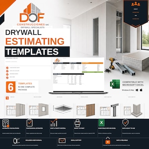 Puede incluir: Un paquete de productos digitales con seis plantillas de estimación de paneles de yeso para Microsoft Excel. La imagen muestra el logotipo de DOF Construcciones, una computadora portátil con una hoja de cálculo, iconos de construcción y compatibilidad.