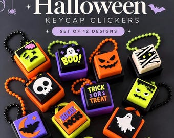 May include: A set of 12 Halloween keycap clickers featuring various designs including a ghost, skull, bat, mummy, and text such as BOO, TRICK OR TREAT, and HOCUS POCUS. Each square keycap is attached to a colourful plastic base with a beaded chain.