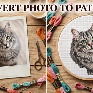 Op de afbeelding: Een vergelijking naast elkaar met een vierkante foto van een grijze cyperse kat links en een ronde houten borduurring met een kruissteekpatroon van dezelfde kat rechts, omringd door kleurrijk borduurgaren op een houten ondergrond.
