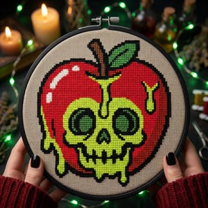 May include: A circular embroidery hoop containing a cross-stitch pattern of a bright red apple with a melting lime green skull design in the center. The apple features a brown stem and a single green leaf, all outlined in bold black thread.