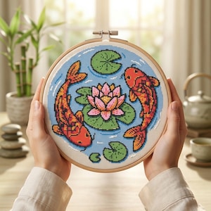 May include: A circular wooden embroidery hoop containing a cross-stitch pattern of two orange koi fish swimming in a blue pond around a central pink lotus flower and several green lily pads on a white fabric background.