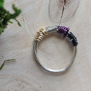 Hand Wrapped Nonbinary Pride Ring, Copper Wire, Gold Silver Purple Black, Queer Talisman