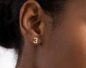 Custom Number Stud Earring: 14K Solid Gold Lucky Number Jewelry, Personalized Letter Earrings, Minimalist Studs